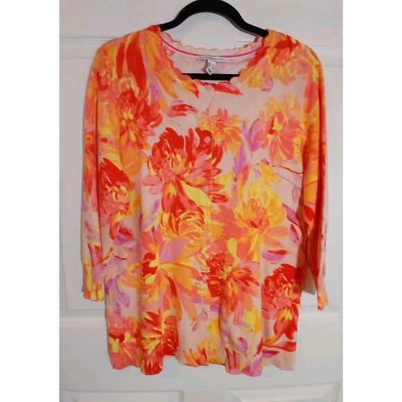 Isaac Mizrahi Live Yellow Pink Floral Spring Cardigan Office Casual Large - Picture 1 of 8